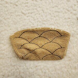 Vintage Clutch Coin Purse Handbag Ivory Beaded Pearls Scallop Silk Lined Zip